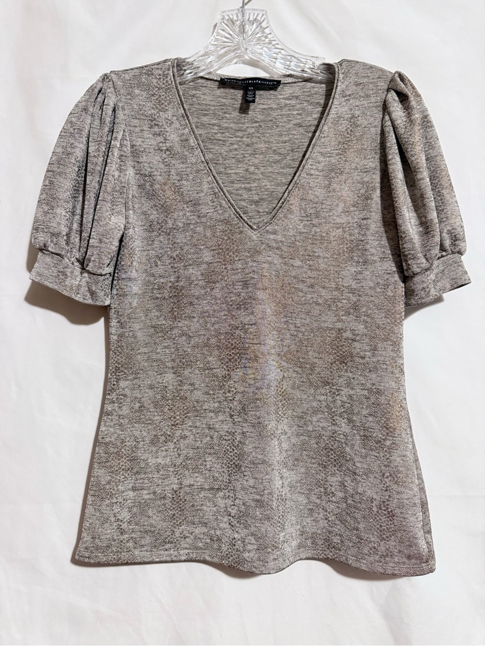White House Black Market Women’s XS Gray Knit V-Neck Puff Sleeve Stretch Top